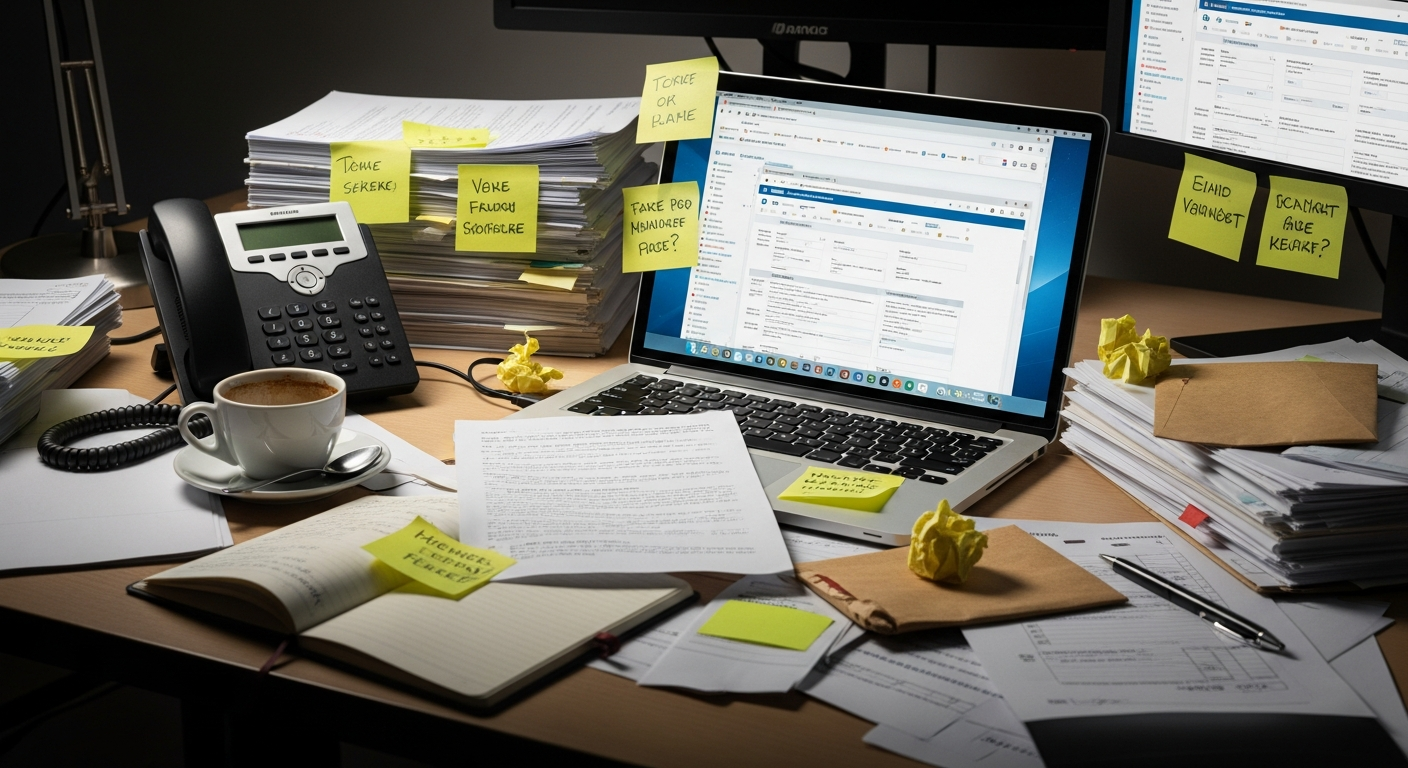 Kaos med post-its og papirer
