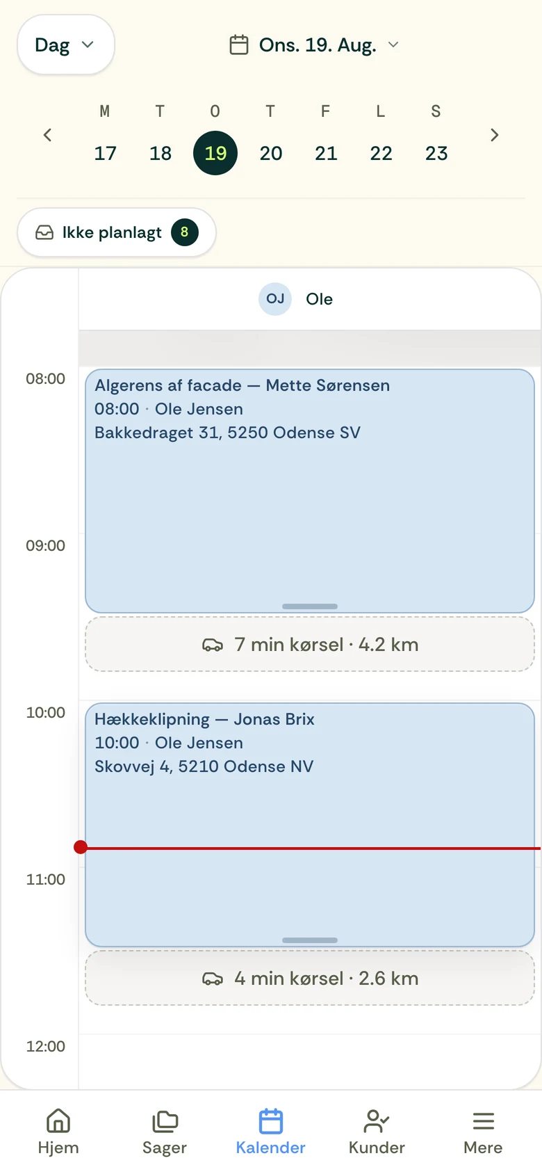 Dagens kalender på telefonen: to opgaver med adresse og køretiden imellem